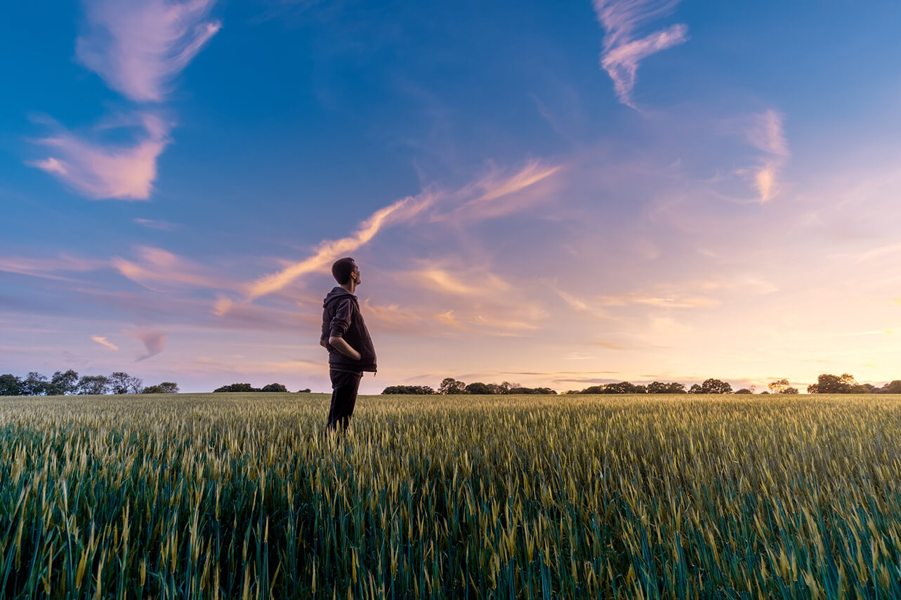 Man standing in a field under a blue sky