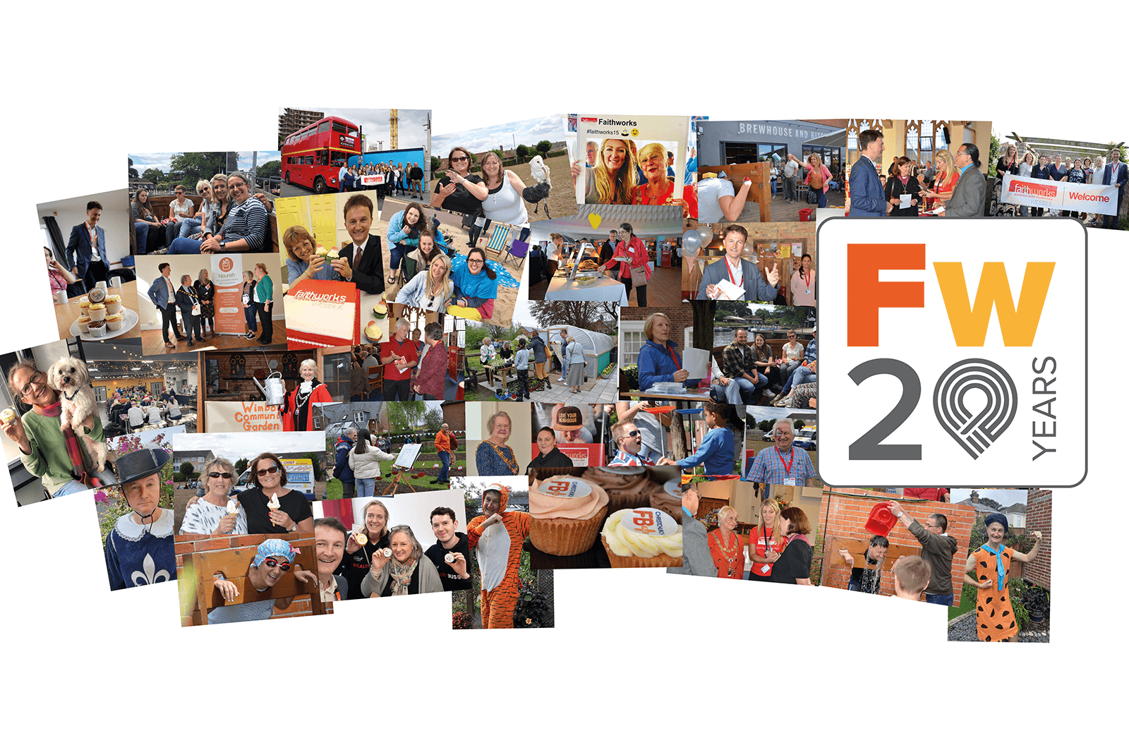 Collage of photos with a logo saying "FW20 years"