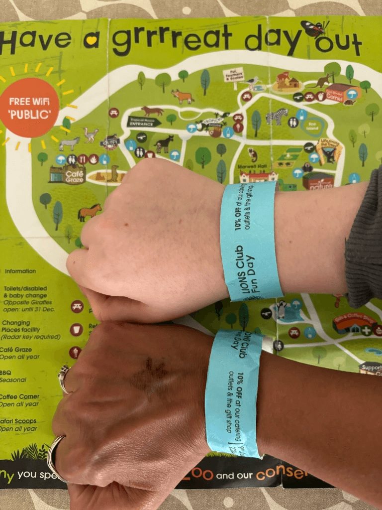 An adult and a child's fists with wristbands, resting on a map